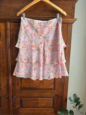 Context Silk Floral Tiered Ruffle Skirt with Crystal Embellishments Y2K